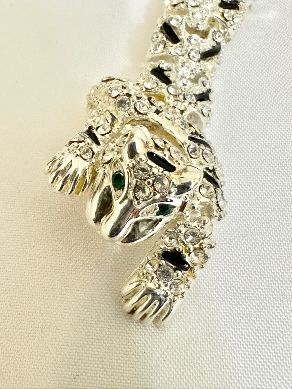 Vintage Silver Plated Crystal Leopard Brooch with Green Accent Eyes